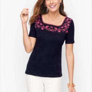Talbots Cotton Slub Embroidered Tee Navy Blue Pink Square Neckline Size L Petite
